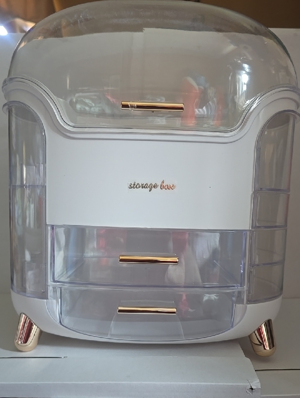 White and Clear Cosmetic Organizer with Rose Gold Accents